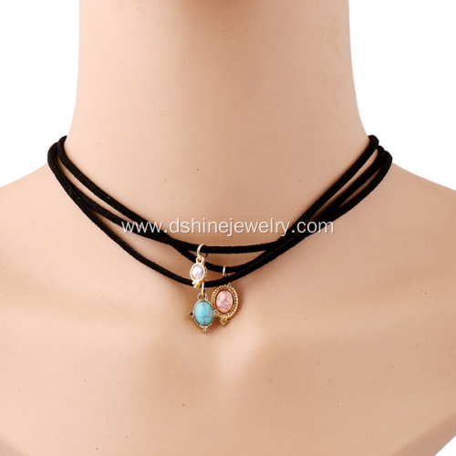 Natural Stone Pendant Multi Layered Velvet Collar Choker